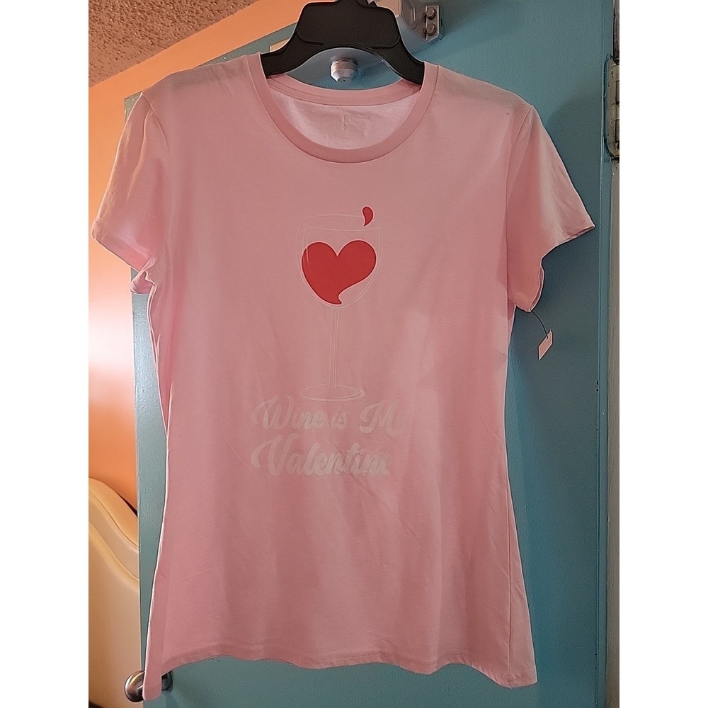 Women's Pink 'Wine is My Valentine' Graphic Tee By Press Labs Size L Heart Glass